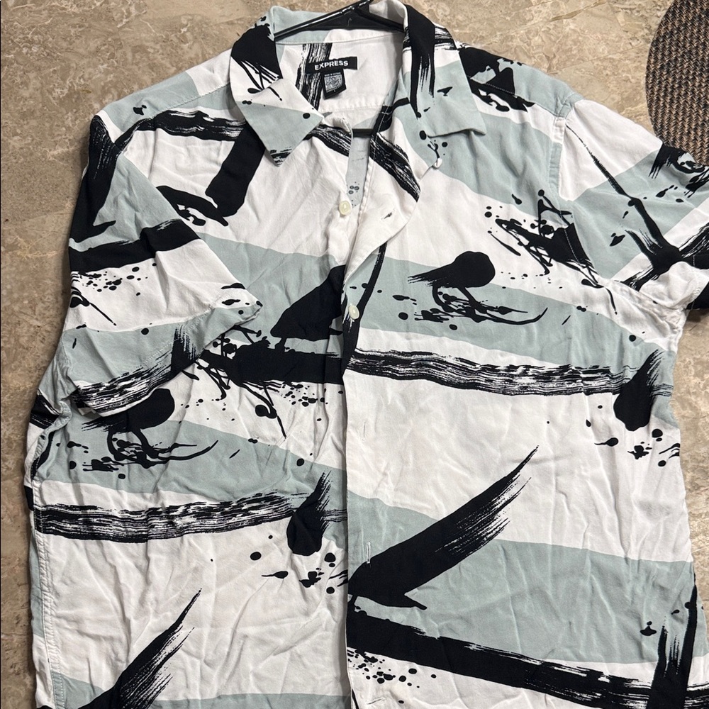 Express Black & Light Sage Abstract Brushstroke Button-Up